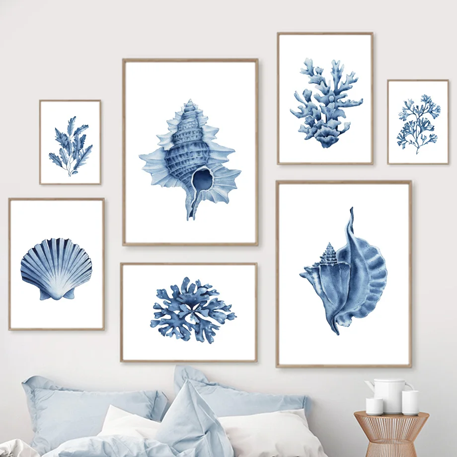 Watercolor Poster Print - Niebieskie Algi Morskie Koral Muszla Akwarela