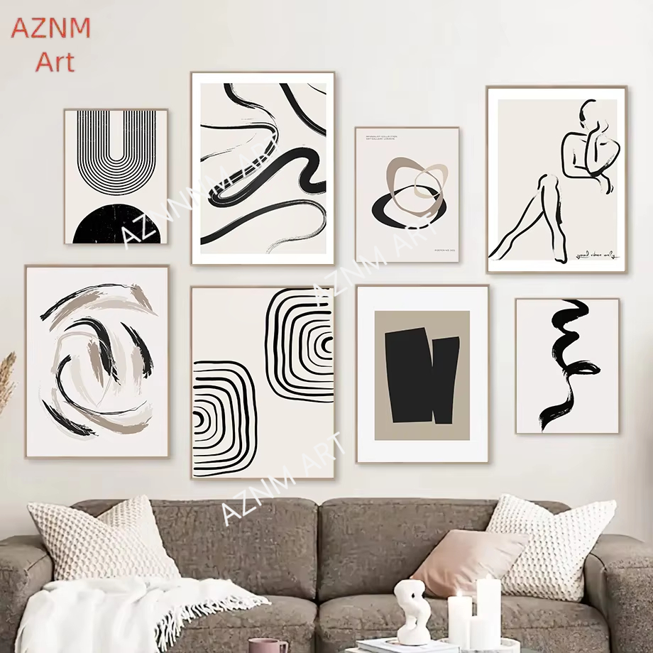 Home Decor Minimal - Nordycka Bohema Grafika Liniowa Czarno-Biało-Beżowa Minimalizm